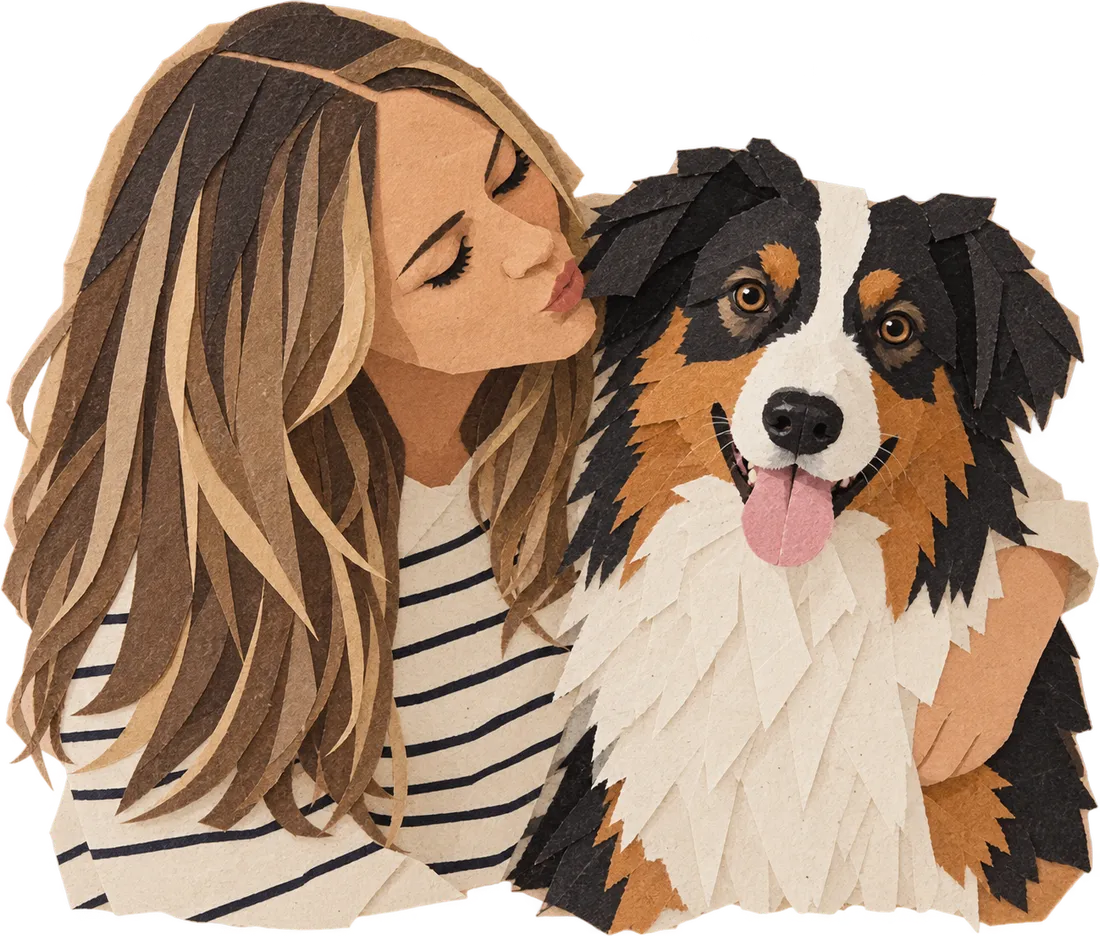 Ali kissing Whisky on the head, in cut paper